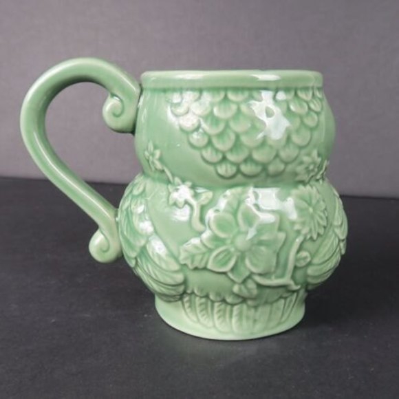 Pier 1 Imports 3D Green Floral Owl Hand Painted Glaze  Coffee Mug Cup 4.5” Tall - Picture 2 of 7